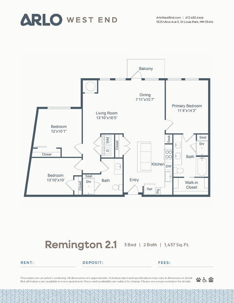 Floor plan for 3 beds, 2 baths, 1437 sqft